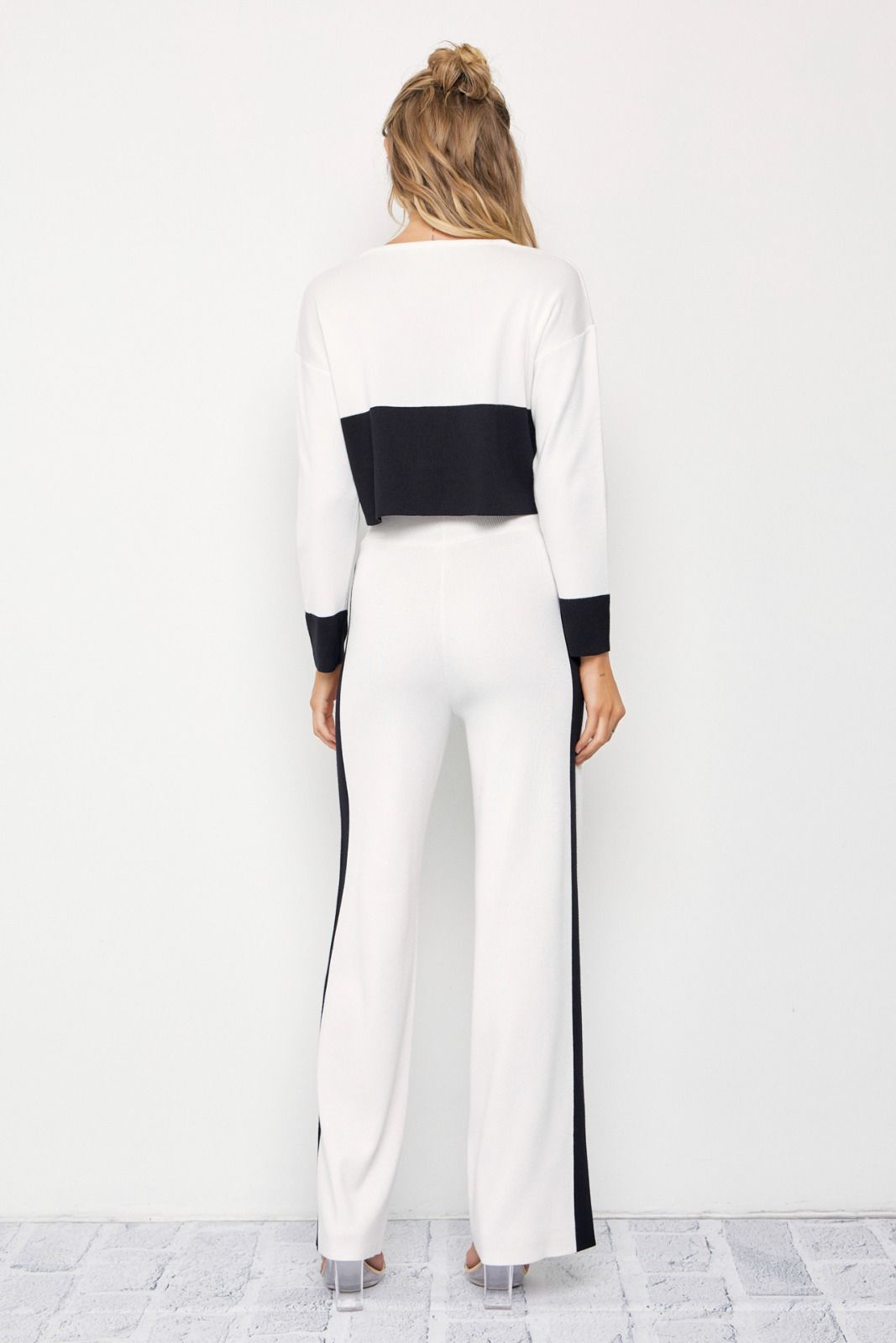 Color Block Knit Top And Pants Set