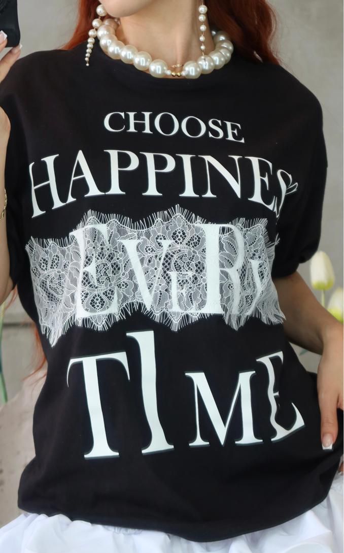 T SHIRT #321 HAPPINESS CROCHET DETAIL & FULL PRINT