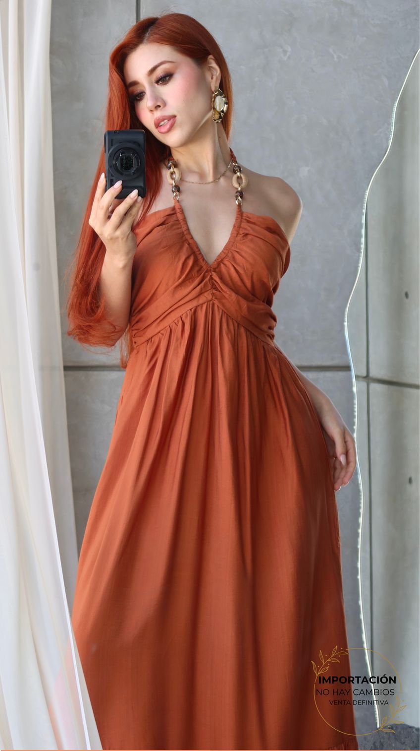 21M2025 MAXIVESTIDO PERLA HALTER ARGOLLA LINEN