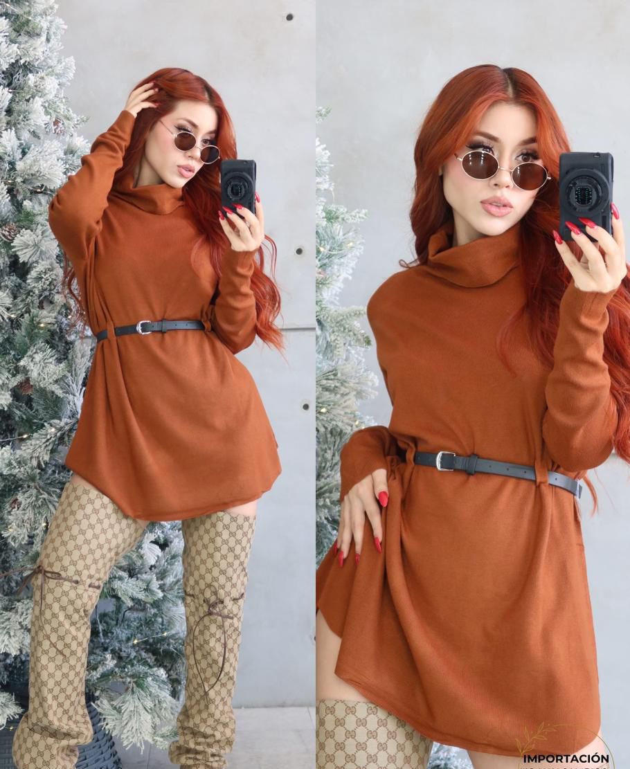 KNITTED DRESS CUELLO ALTO CINTURON INCLUIDO