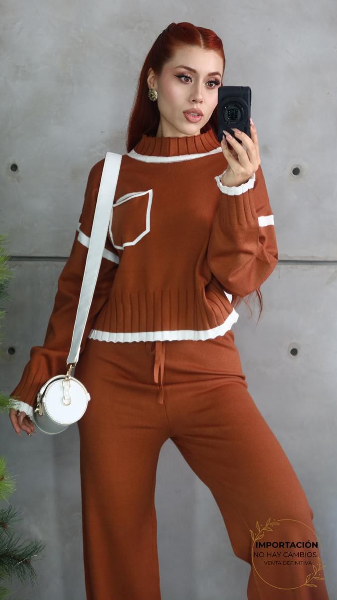 SET ANTONELLA SWETER CUELLO MAO Y MAXIPANTALON BIES BLANCO