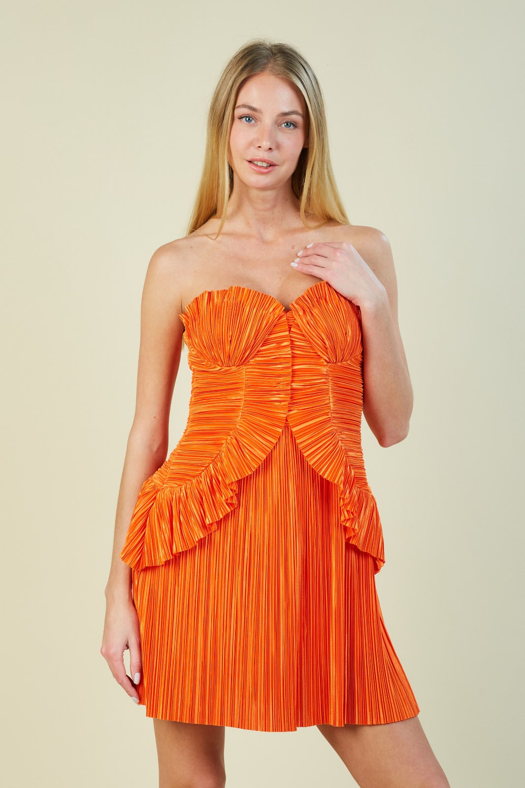 Strapless Pleated Ruffle Mini Dress