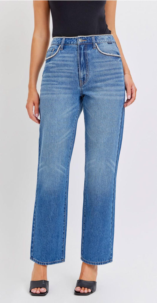 Cello Super High Rise Dad Jean w Rhinestones