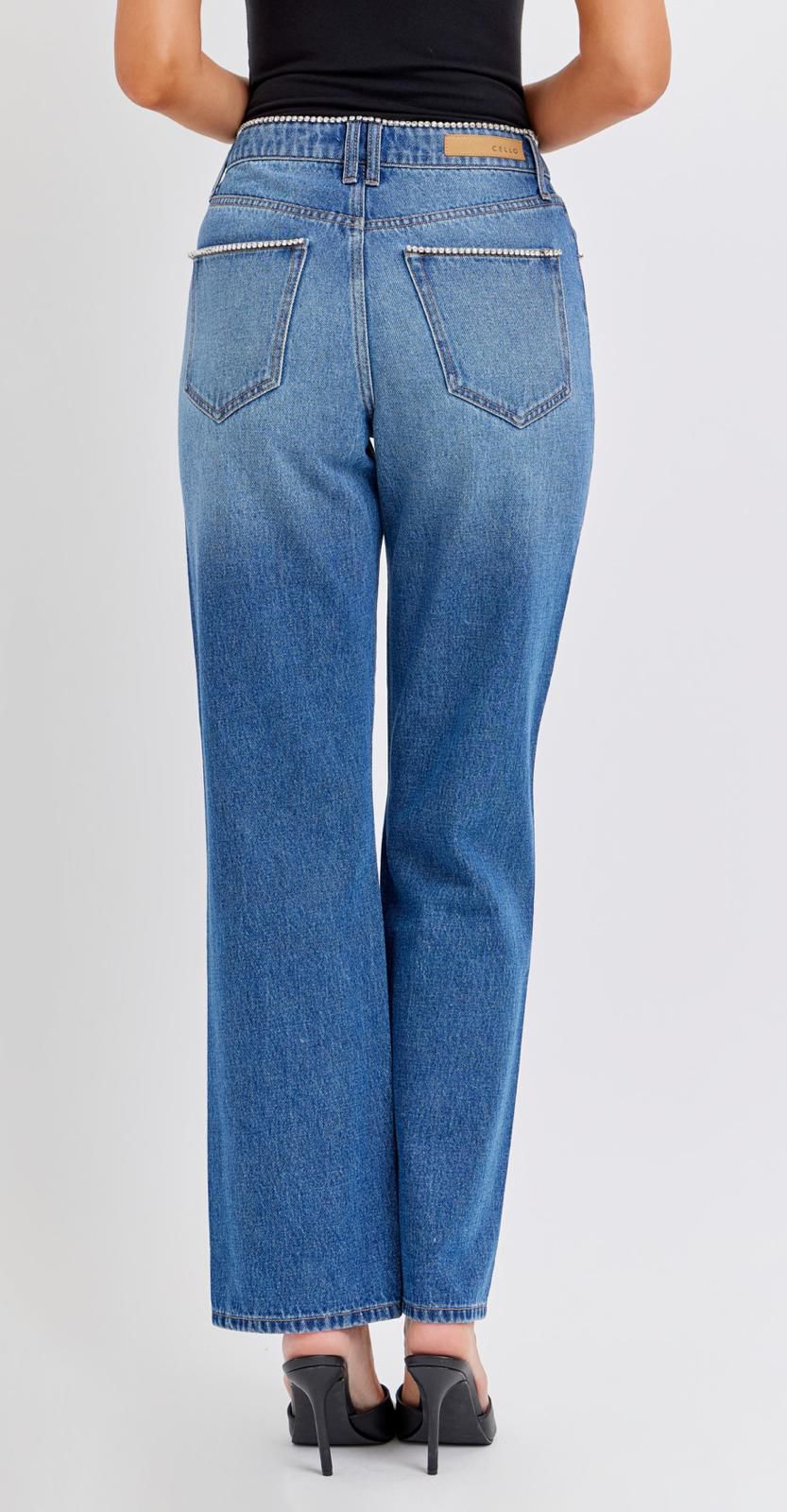 Cello Super High Rise Dad Jean w Rhinestones