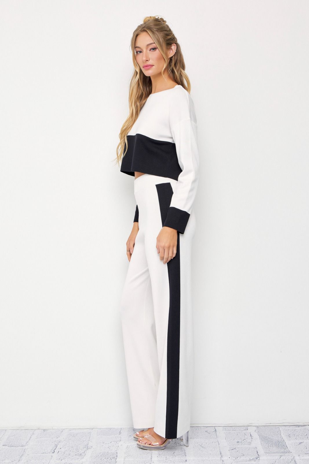 Color Block Knit Top And Pants Set