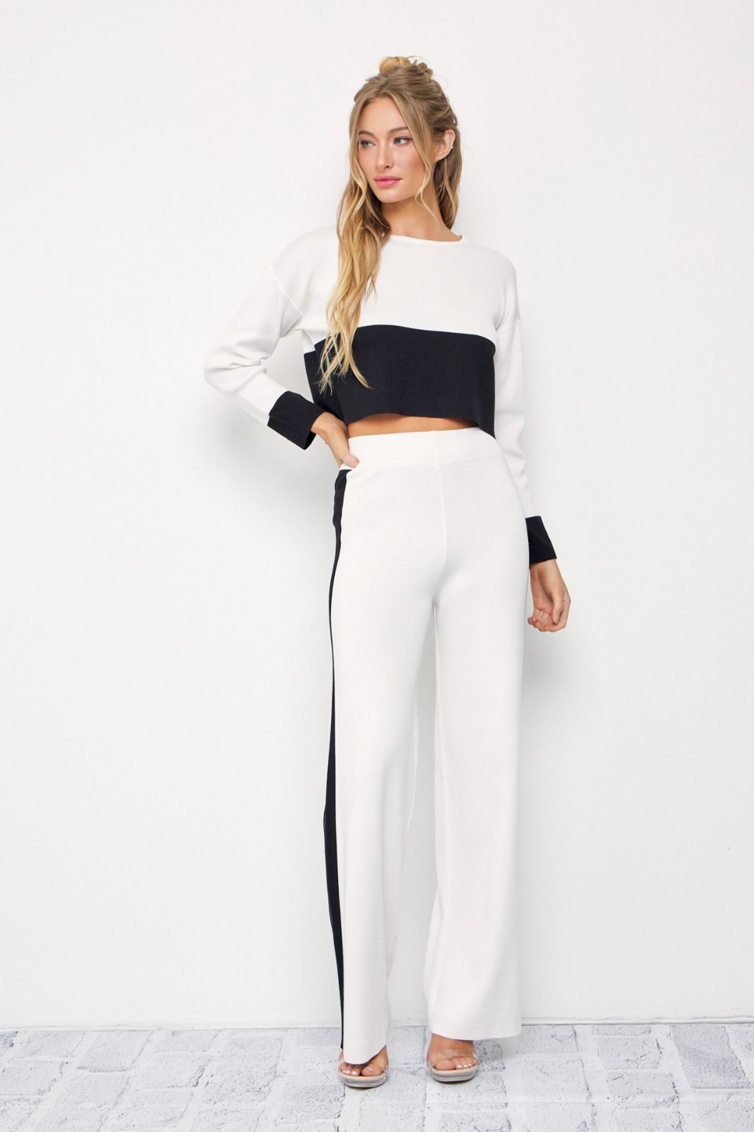 Color Block Knit Top And Pants Set