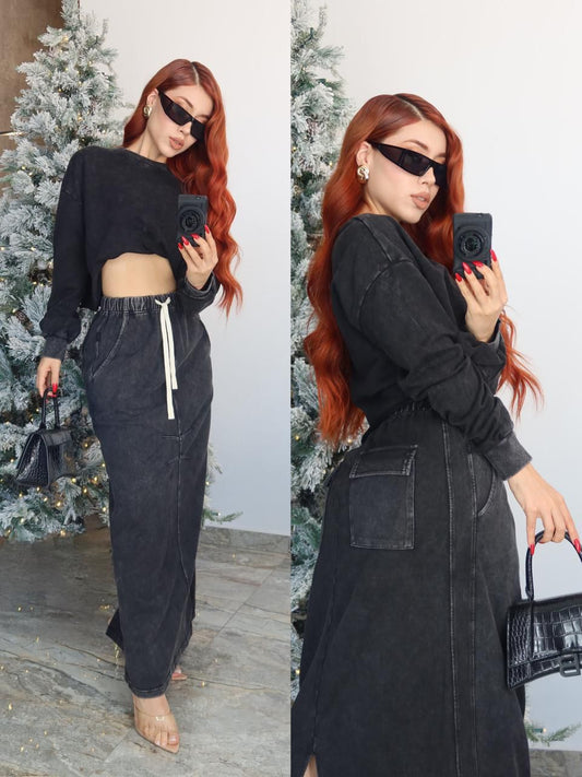 SET HOODIE & MAXIFALDA TERRY DESGASTED DELUXE INSPO LULULEMON