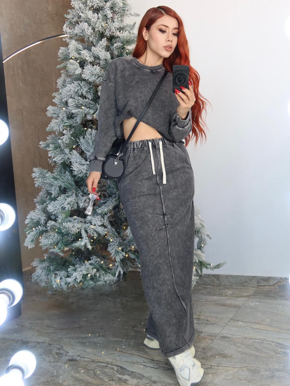 SET HOODIE & MAXIFALDA TERRY DESGASTED DELUXE INSPO LULULEMON