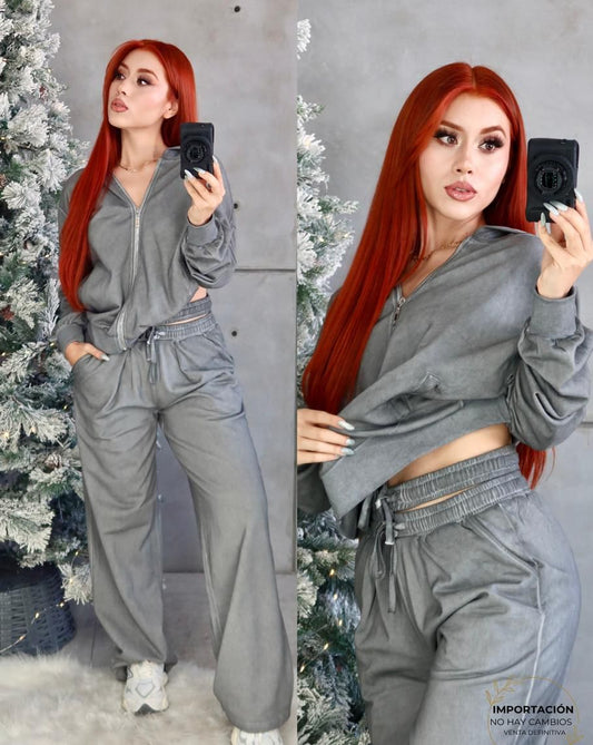 SET JOALI CHAMARRA & PANTALON ASIMETRICO TERRY DESGASTED DELUXE