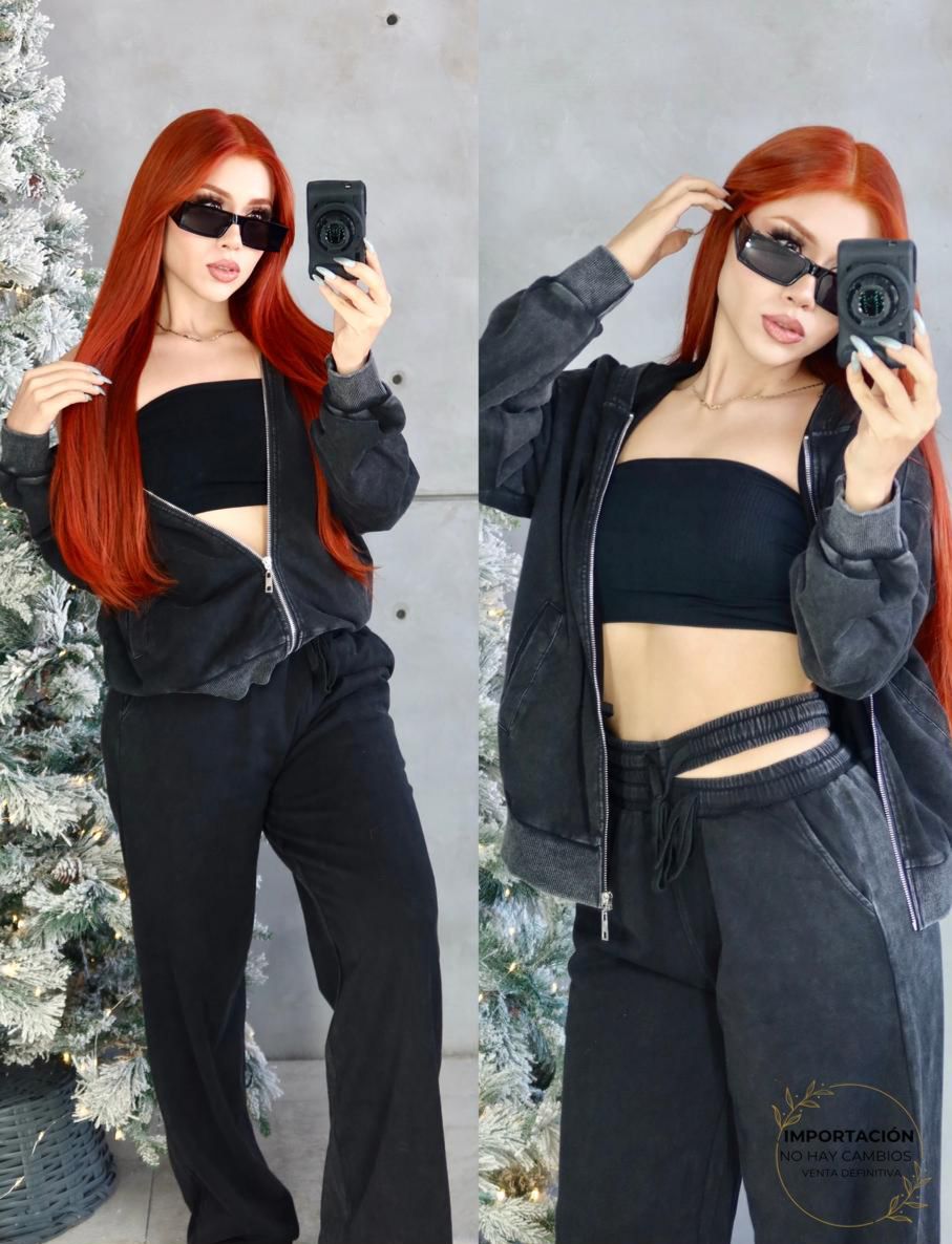 SET JOALI CHAMARRA & PANTALON ASIMETRICO TERRY DESGASTED DELUXE