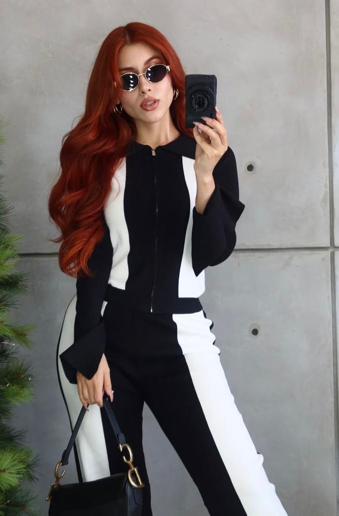 Set Sweter Manga C/ Abertura Con Franjas Y Pantalon