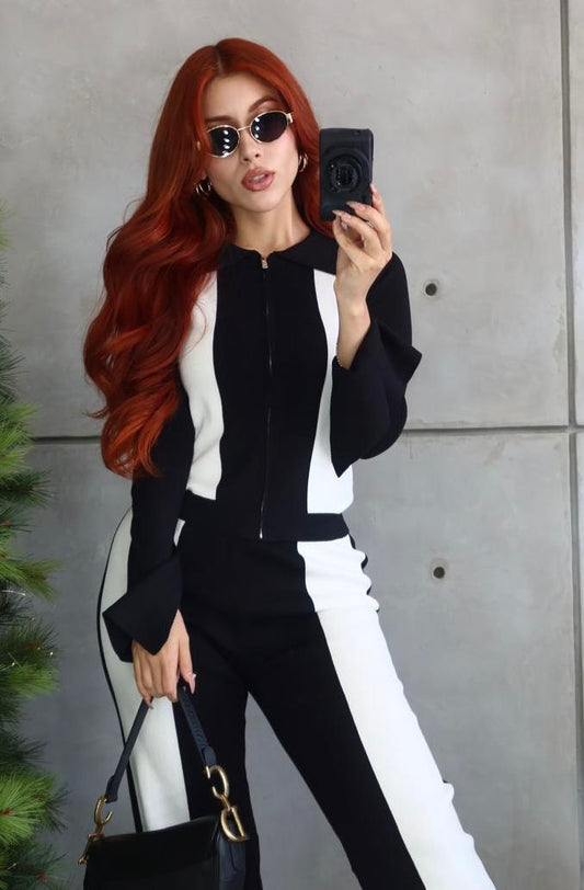 Set Sweter Manga C/ Abertura Con Franjas Y Pantalon