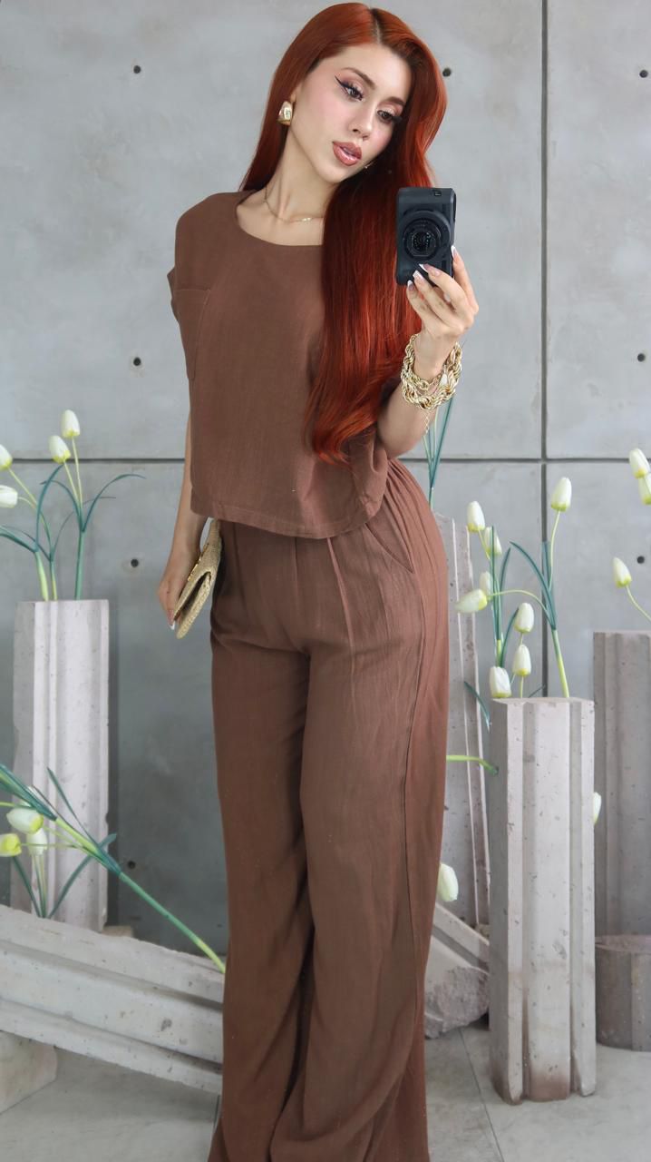 SET PALMERIA 🌾✨🤎 BLUSA & MAXIPANTALON LINEN AIROSO TIPO MASSIMO🐚💖