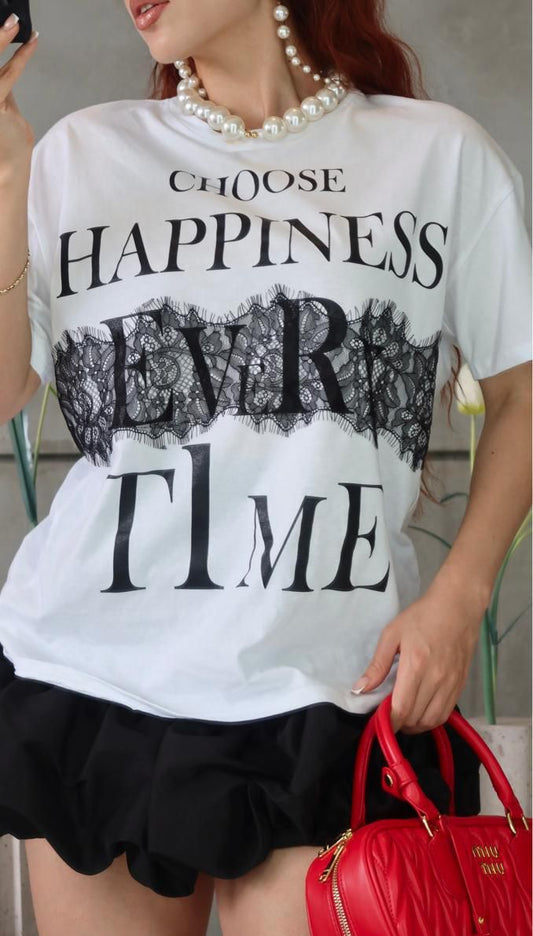 T SHIRT #321 HAPPINESS CROCHET DETAIL & FULL PRINT