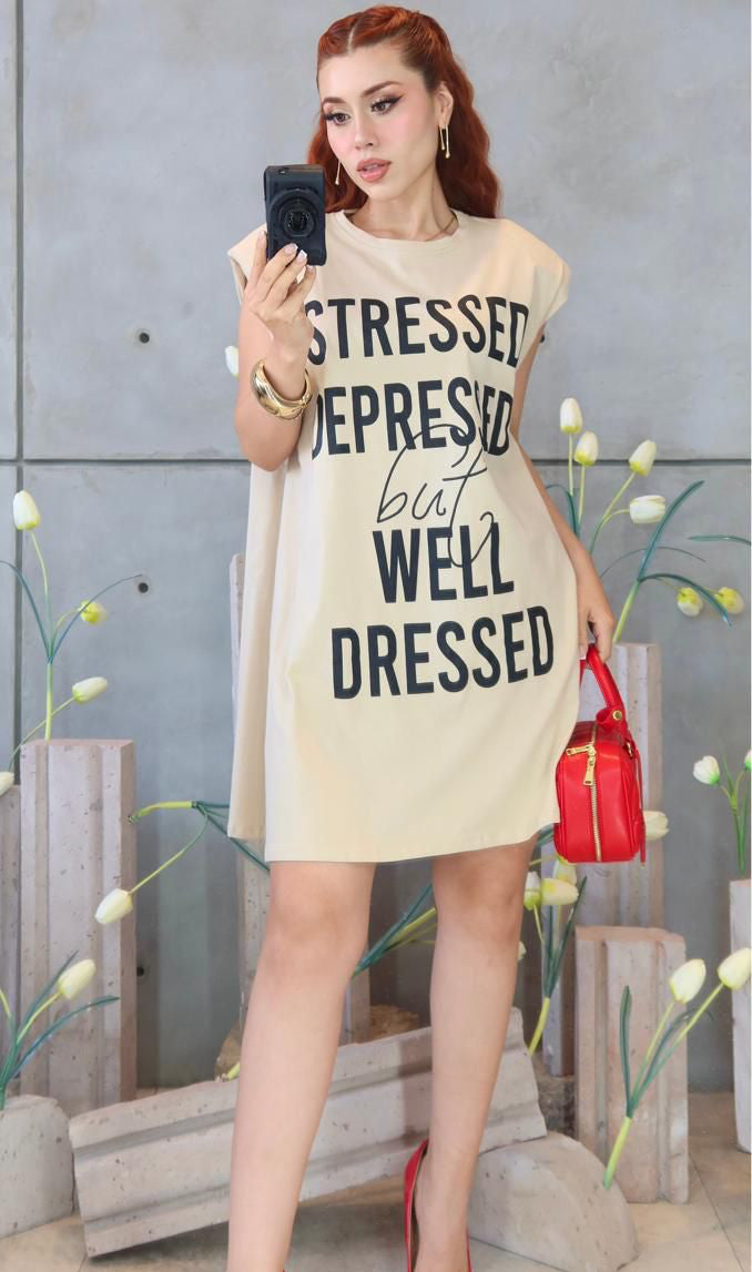 VESTIDO STRESSED DEPRESSED BUT WELL DRESSED COTTON HOMBRERAS FULL PRINT