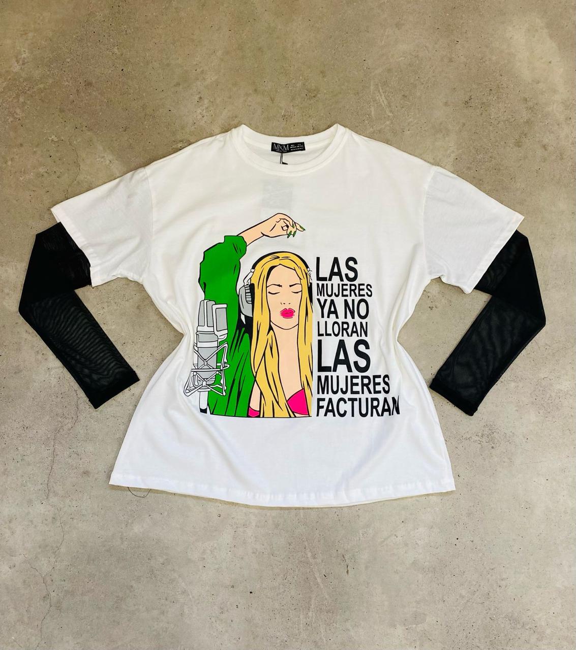 21M2025 T SHIRT #332 SHAKIRA C/MANGAS MESH & COTTON FULL PRINT