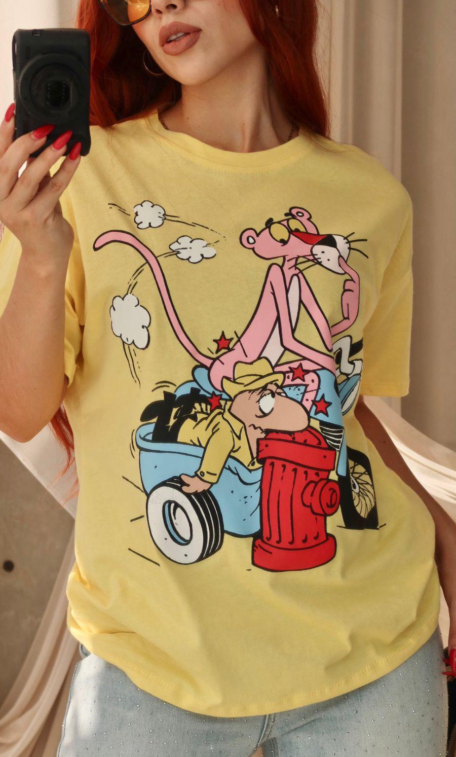 062725 T SHIRT #404 PINK PANTHER DRIVING COTTON FULL PRINT ✨💖🫰🏻🩵