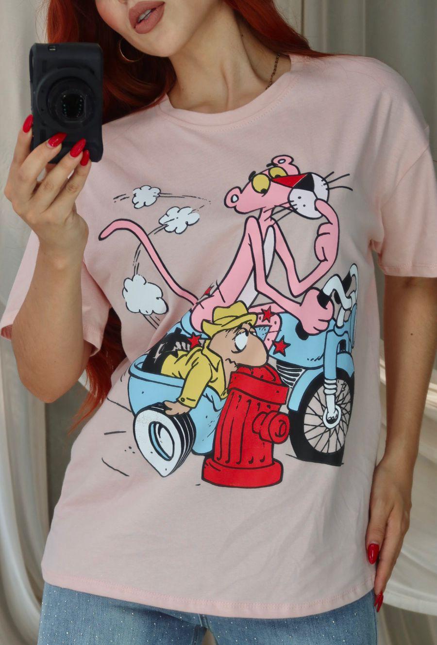 062725 T SHIRT #404 PINK PANTHER DRIVING COTTON FULL PRINT ✨💖🫰🏻🩵