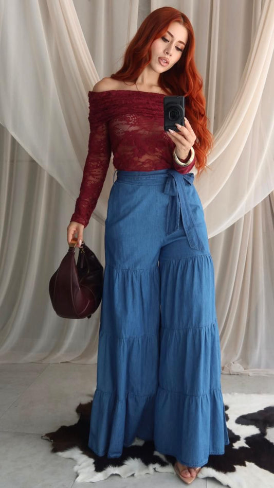 MAXIPANTALON BRAVELLE PATA ELEFANTE C/CINTO DENIM COTTON👖✨💙🌾 08/21/25