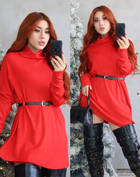 KNITTED DRESS CUELLO ALTO CINTURON INCLUIDO
