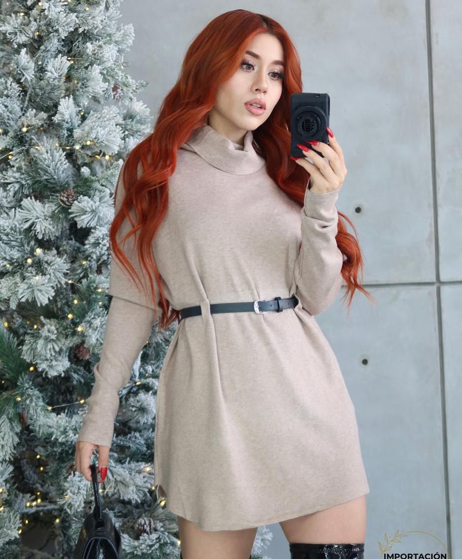KNITTED DRESS CUELLO ALTO CINTURON INCLUIDO
