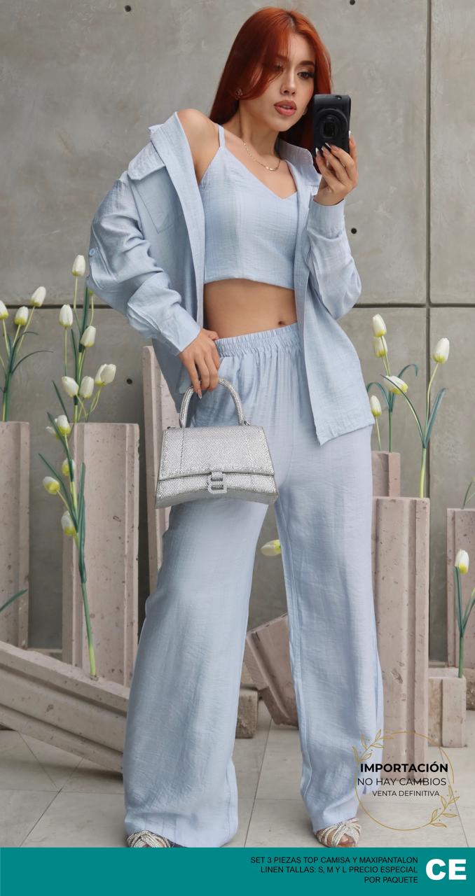 Set 3 Piezas Top Camisas Y Maxipantalon Linen