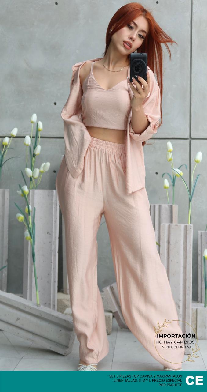 Set 3 Piezas Top Camisas Y Maxipantalon Linen