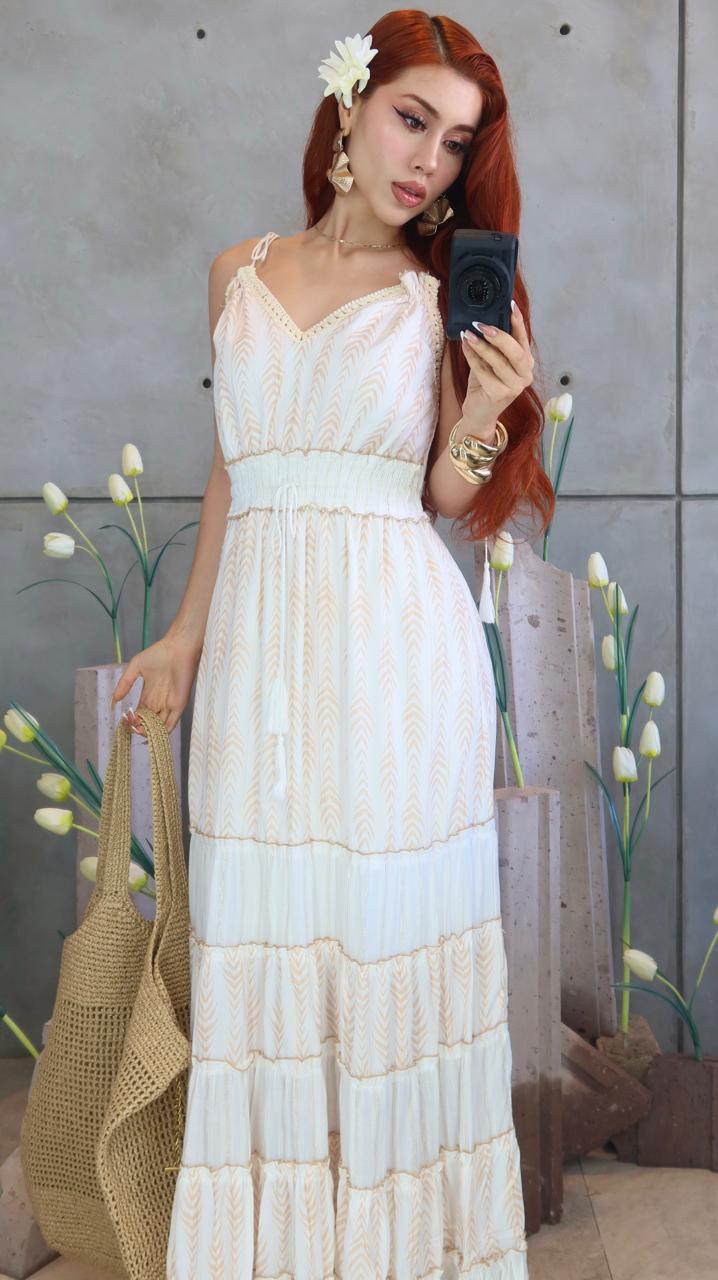 MAXIVESTIDO BOHEMIO 🌾✨🤍 CHALLIE PRINT C/GOLD APLIC GUIPIUR