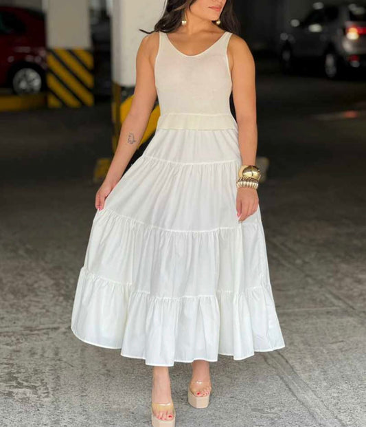 Sleeveless Knit Bodice Ruffle-Decked Cotton Tiered Midi Dress