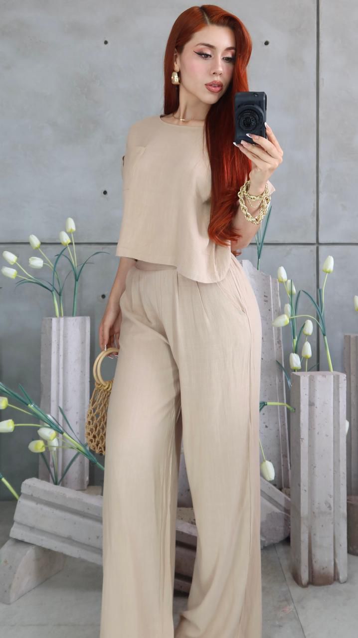 SET PALMERIA 🌾✨🤎 BLUSA & MAXIPANTALON LINEN AIROSO TIPO MASSIMO🐚💖